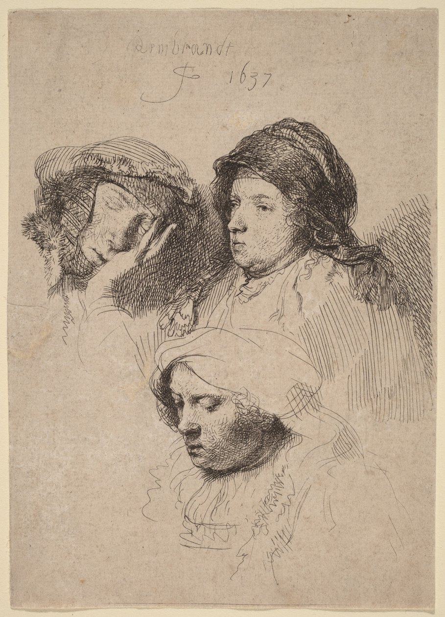 Drie vrouwenhoofden, waarvan één slaapt door Rembrandt van Rijn