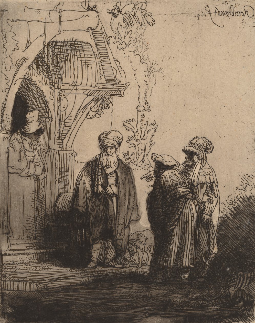 Drie oosterse figuren Jacob en Laban door Rembrandt van Rijn