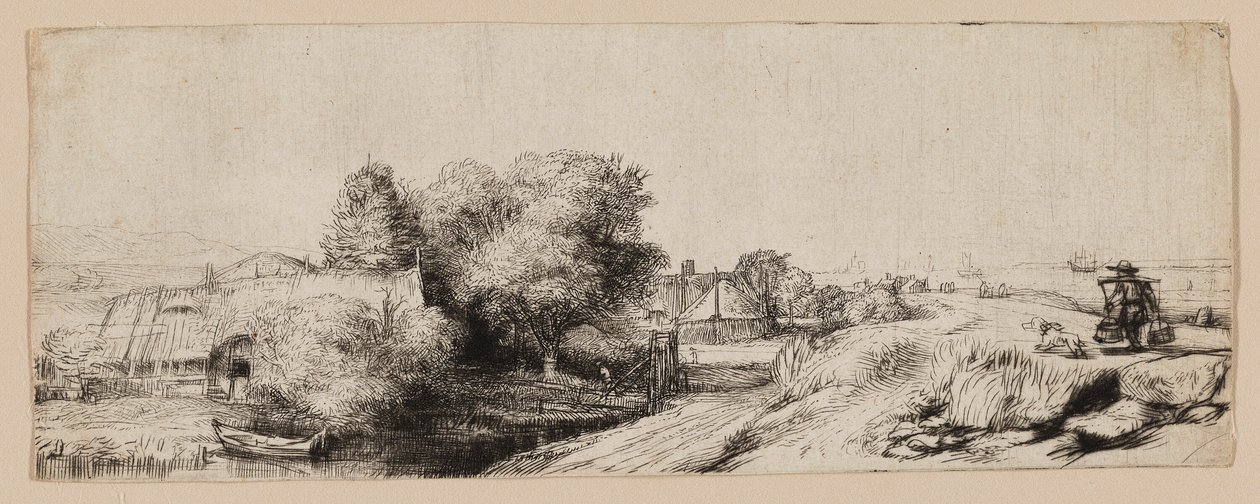 Uitzicht op de Diemerdijk met een Melkman en Huisjes door Rembrandt van Rijn