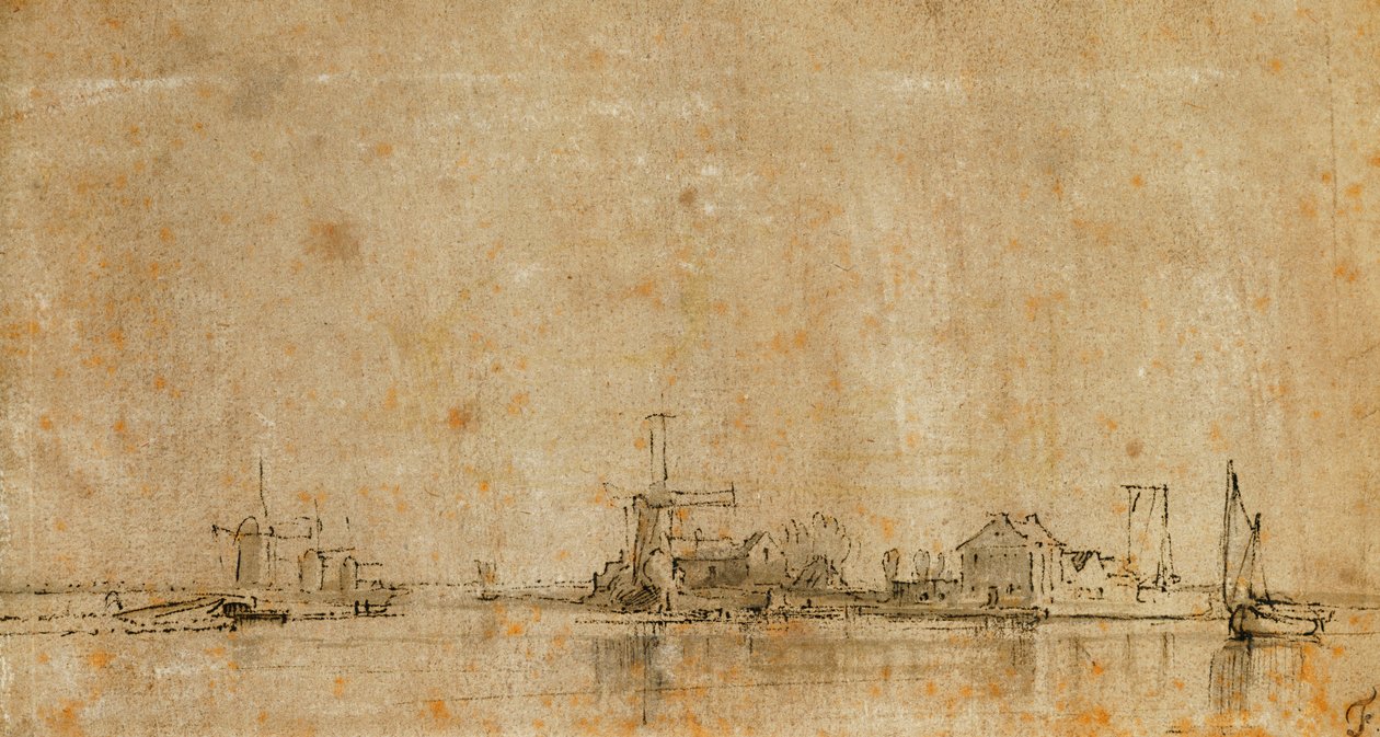 Uitzicht op de Amstel bij de Omval, Links de Ringvaart van de Diermermeer door Rembrandt van Rijn