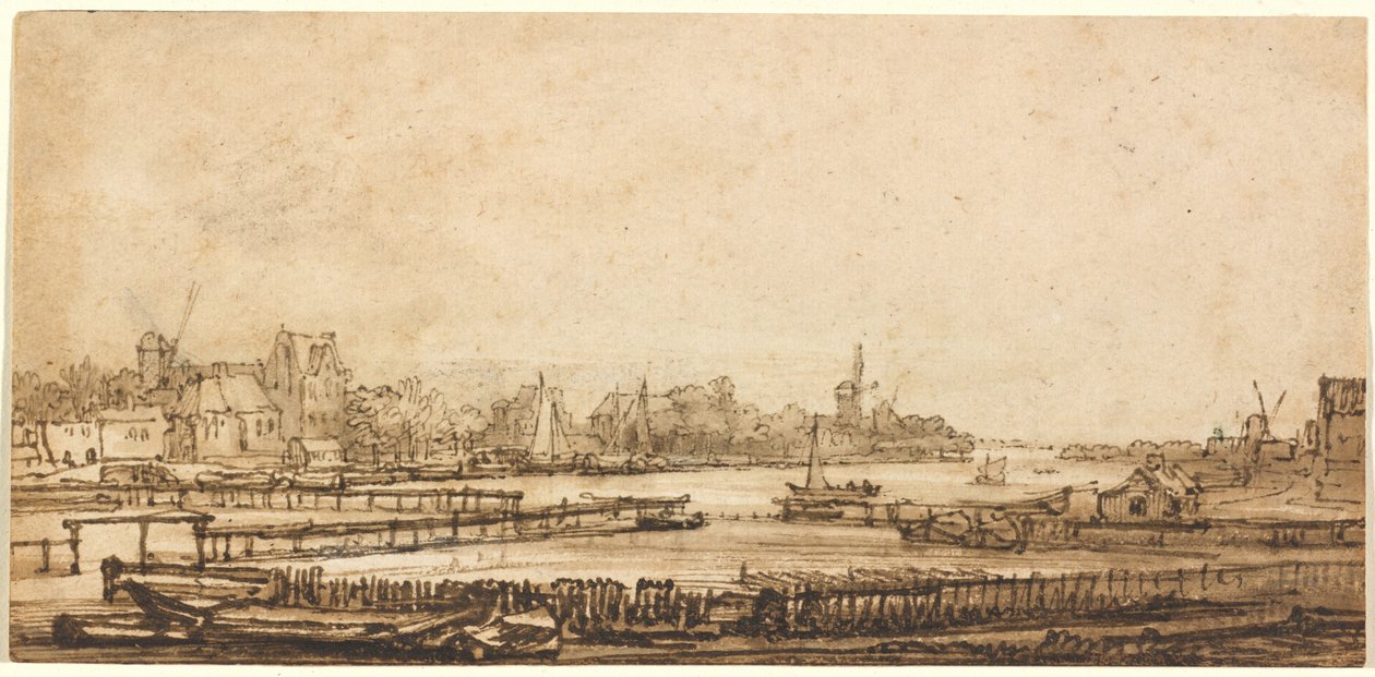 Uitzicht over de Amstel vanaf de Vestingwal door Rembrandt van Rijn