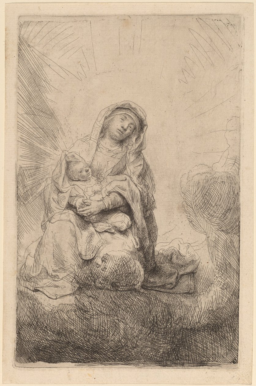 Maagd en Kind in de Wolken door Rembrandt van Rijn