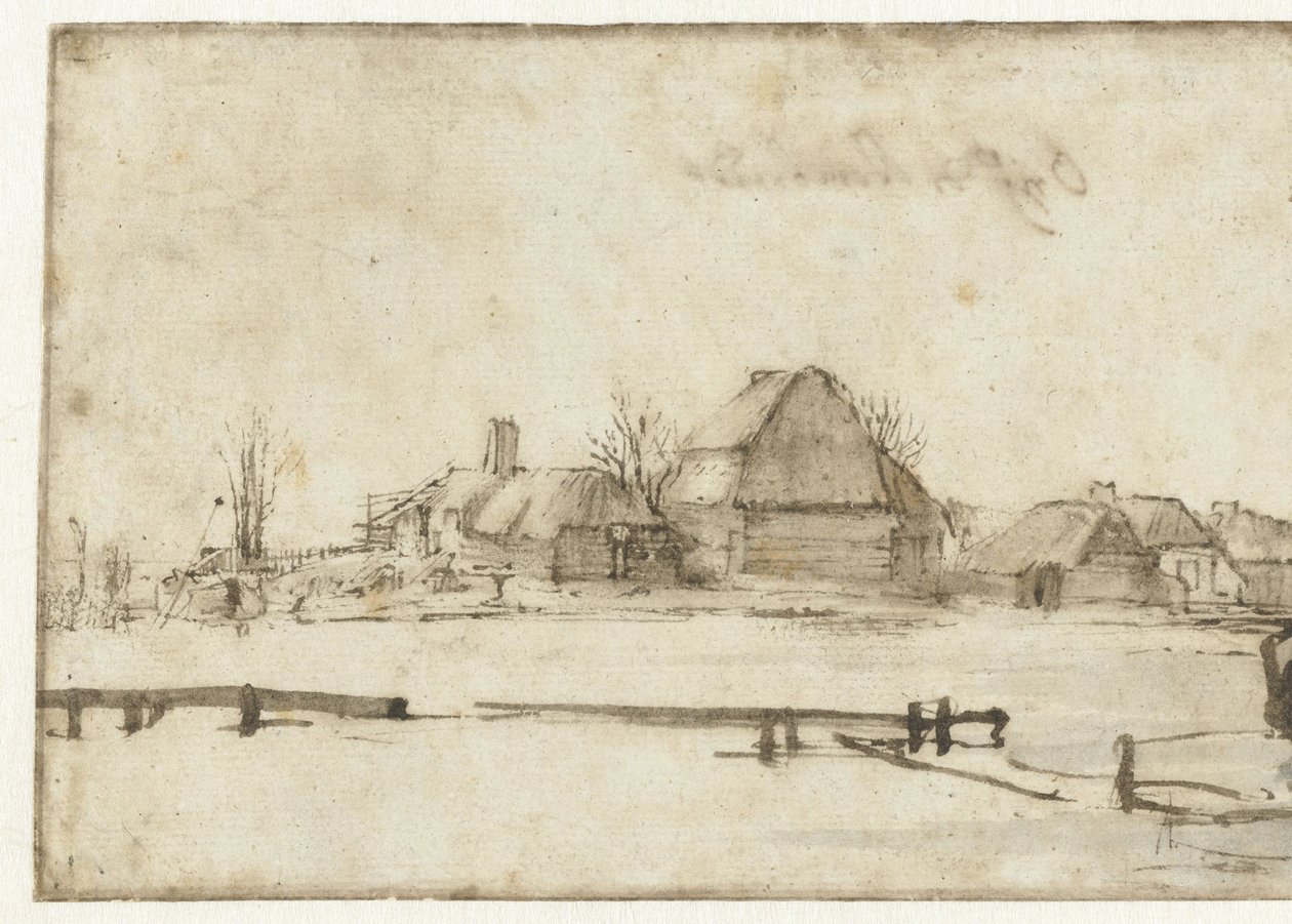 Wintergezicht met een waterweg, huisjes en twee boten door Rembrandt van Rijn