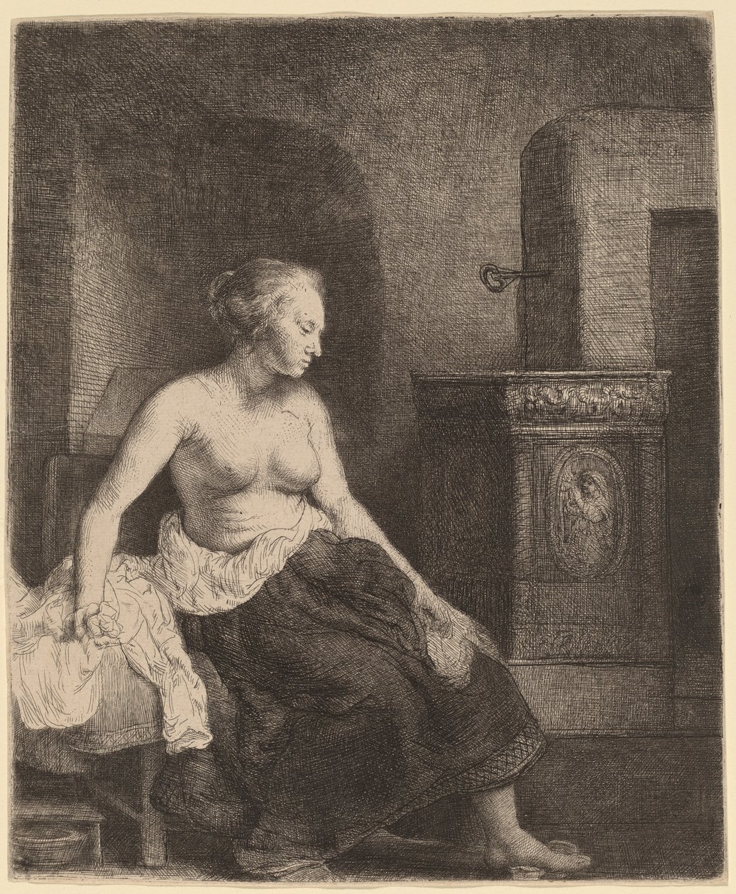 Vrouw Zittend Halfgekleed naast een Kachel door Rembrandt van Rijn