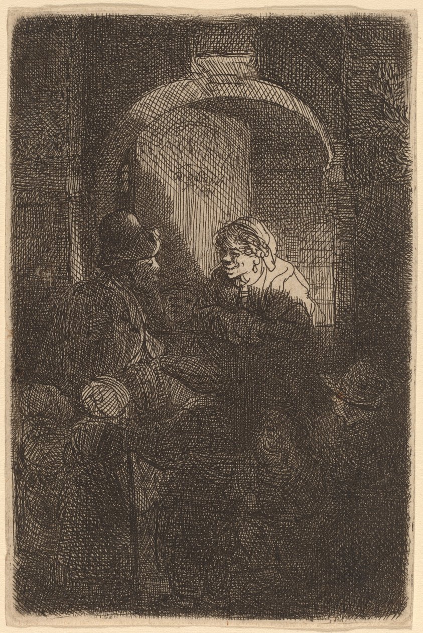 Vrouw bij een Deurluik Praat met een Man en Kinderen (De Schoolmeester) door Rembrandt van Rijn