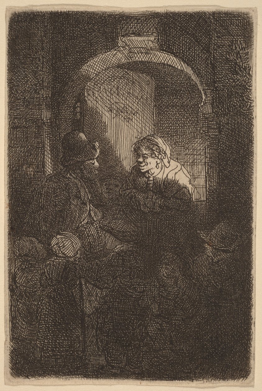 Vrouw bij een deurluik in gesprek met een man en kinderen (De schoolmeester) door Rembrandt van Rijn