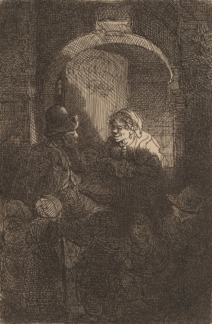 Vrouw bij een deur luik pratend met een man en kinderen De schoolmeester door Rembrandt van Rijn