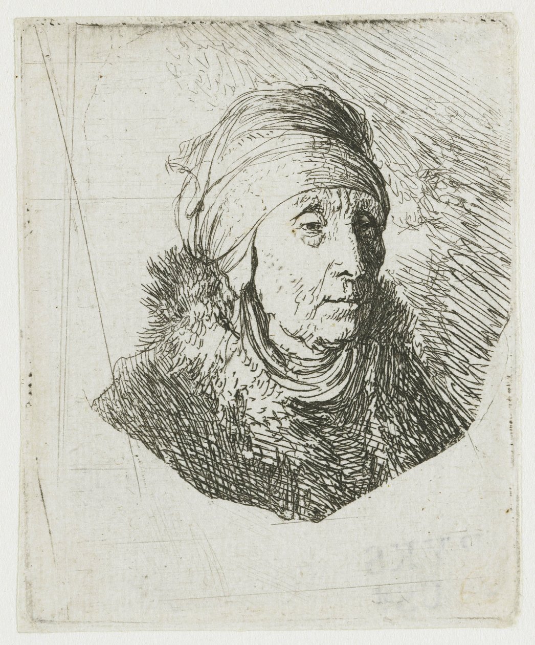Vrouw met een hoge hoofdtooi die om de kin is gewikkeld: buste door Rembrandt van Rijn