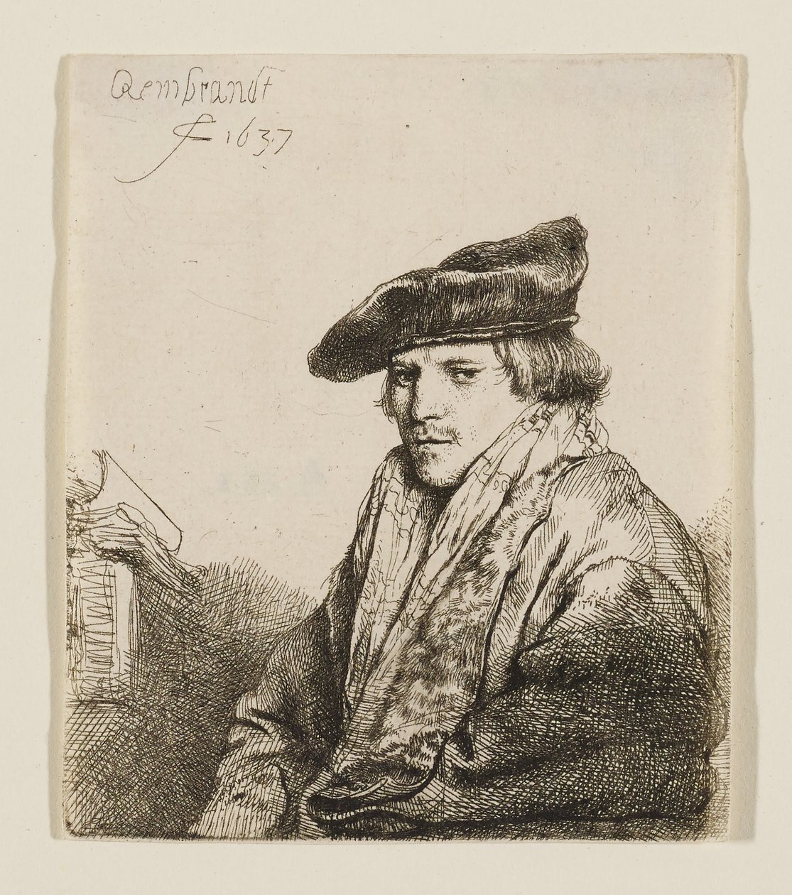 Jonge man met een fluwelen muts en boeken naast zich door Rembrandt van Rijn