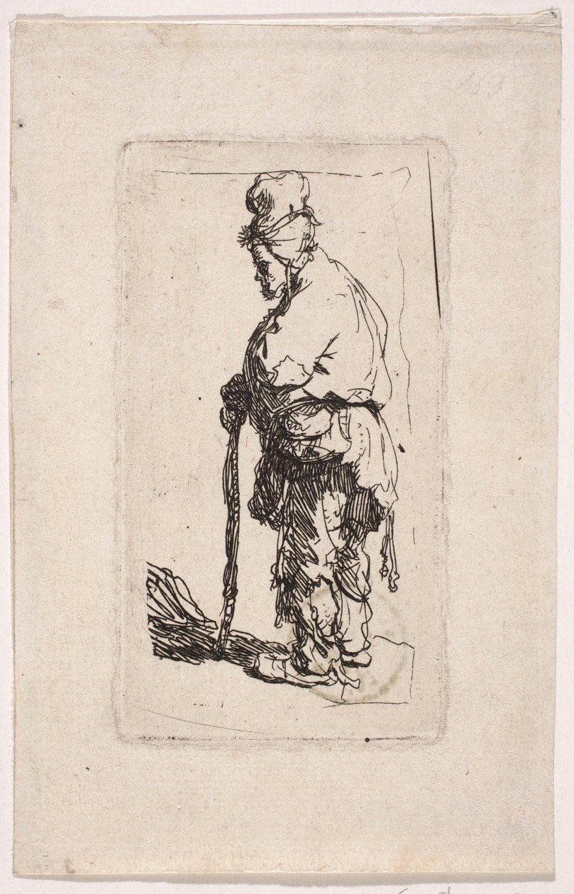 Een bedelaar die op een stok leunt, naar links gekeerd door Rembrandt van Rijn