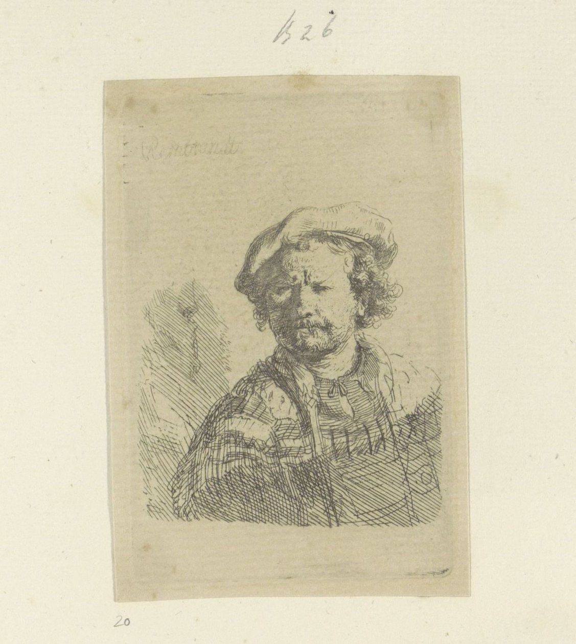 Zelfportret met baret en bewerkte mantel door Rembrandt van Rijn