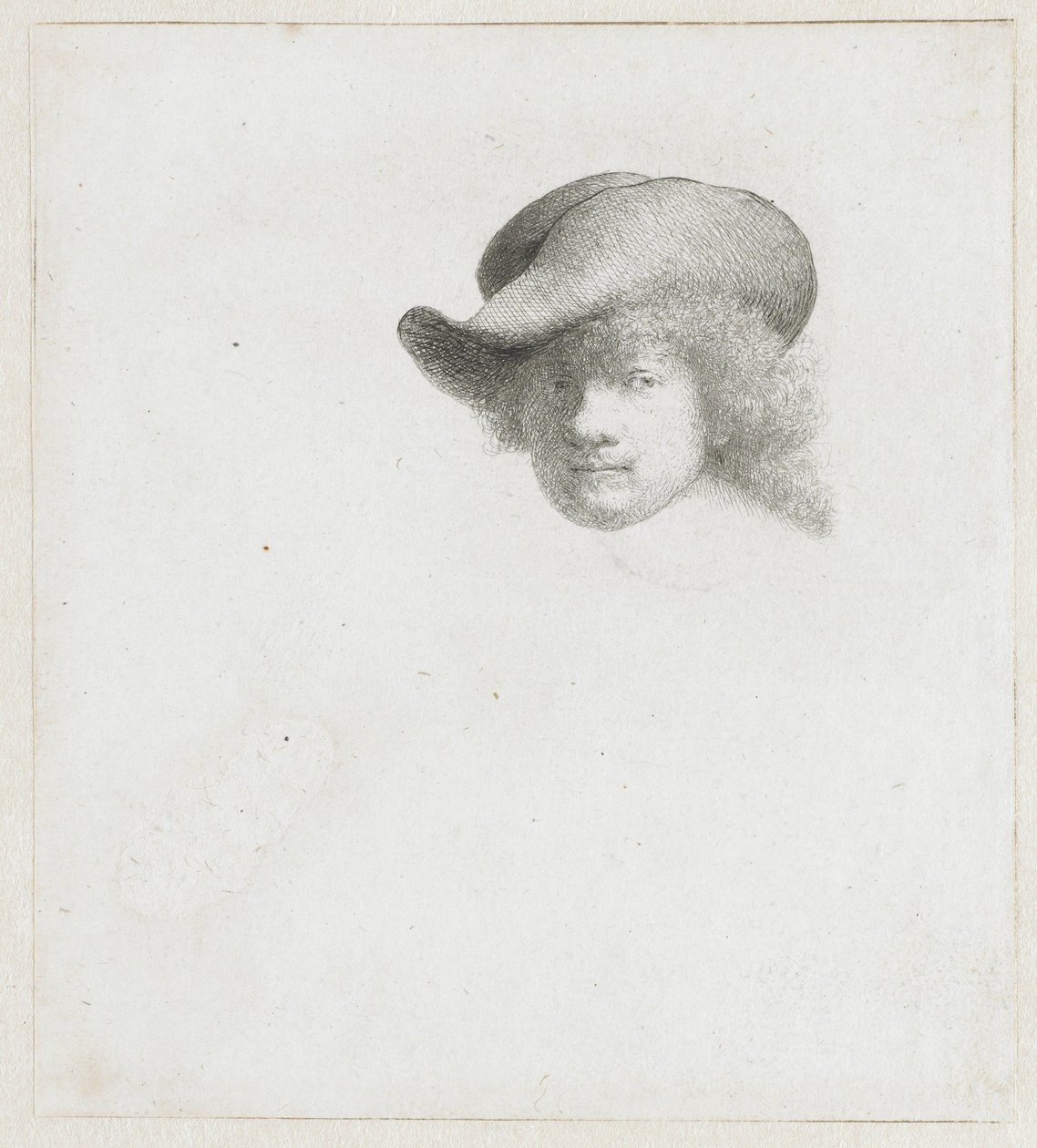 Zelfportret met slappe hoed en bewerkte mantel door Rembrandt van Rijn