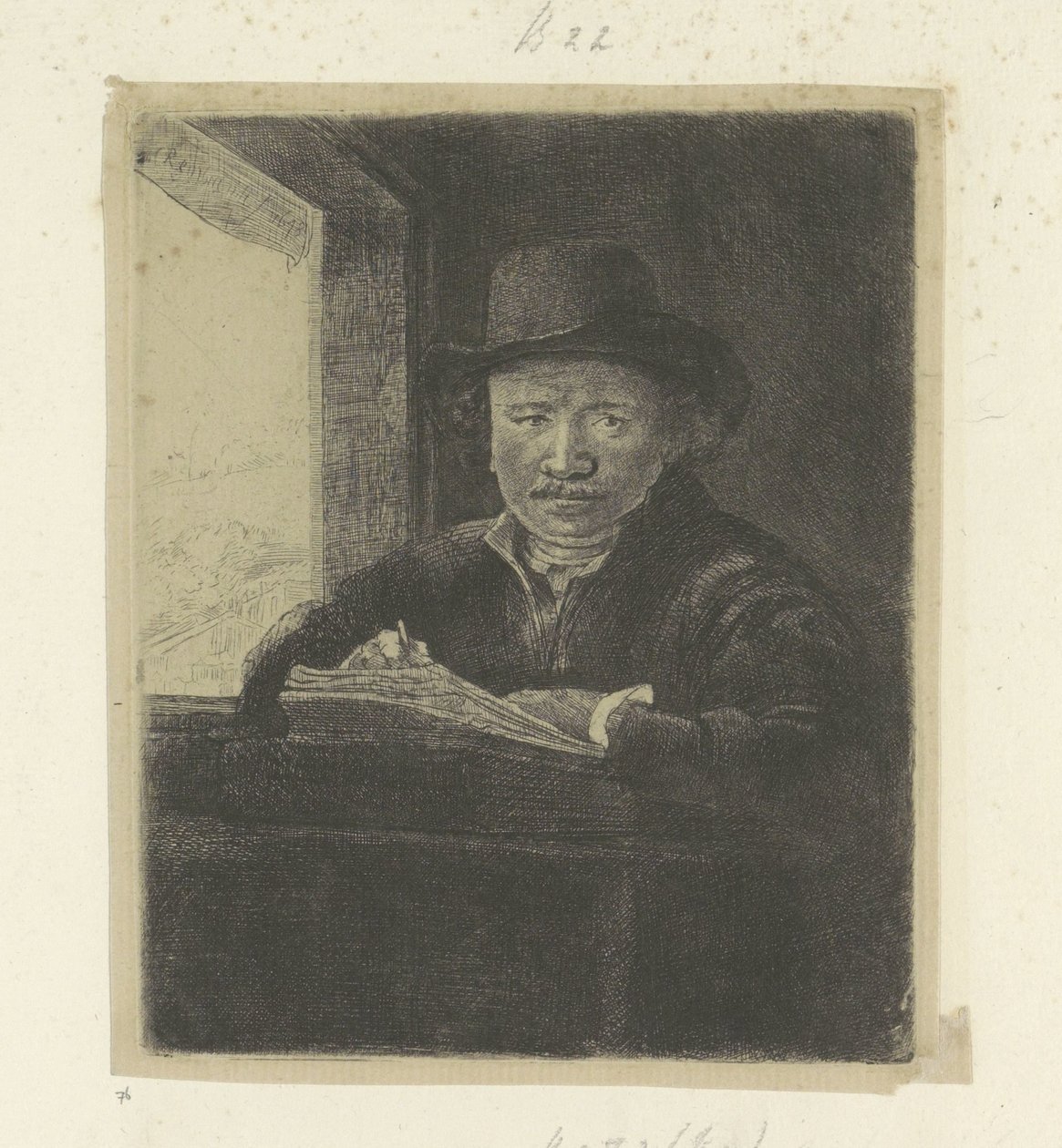 Zelfportret, tekenend aan een venster door Rembrandt van Rijn