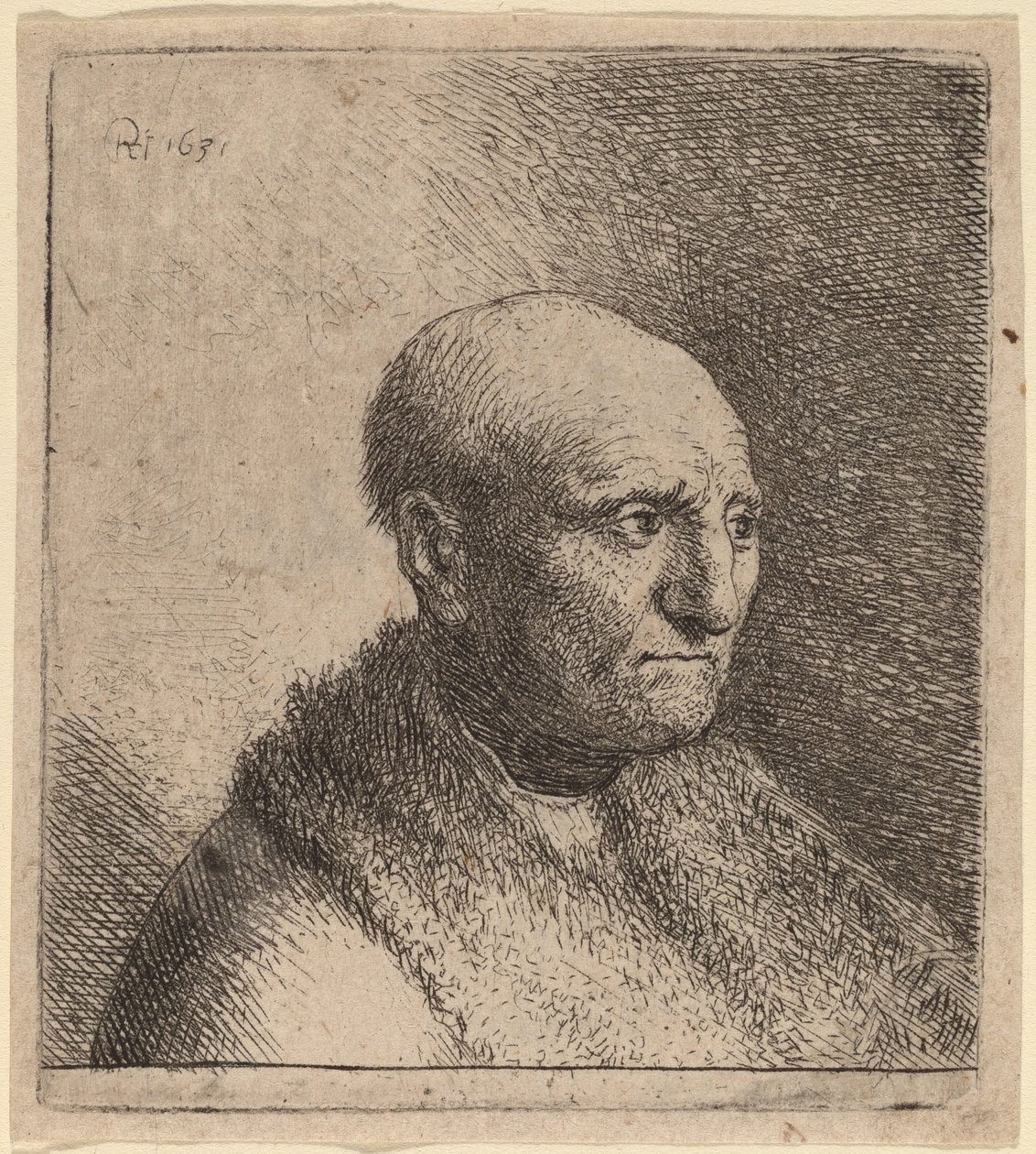 Kale man in een bontjas door Rembrandt van Rijn and Studio of Rembrandt