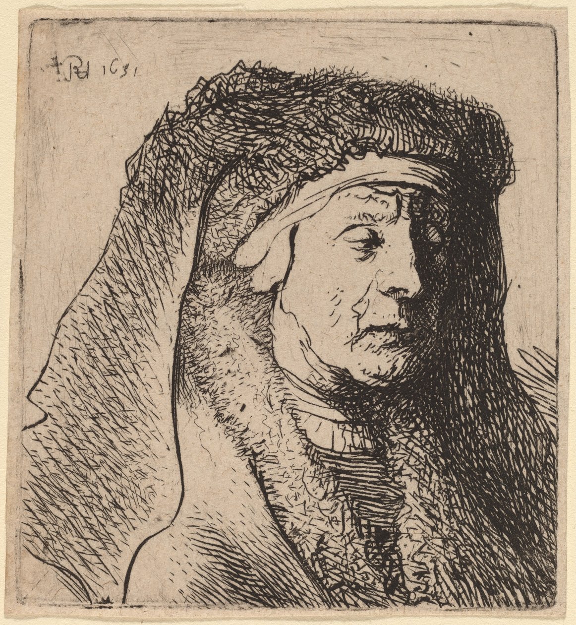 Buste van een Oude Vrouw in een Bontjas en Zware Hoofdbedekking door Rembrandt van Rijn and Studio of Rembrandt