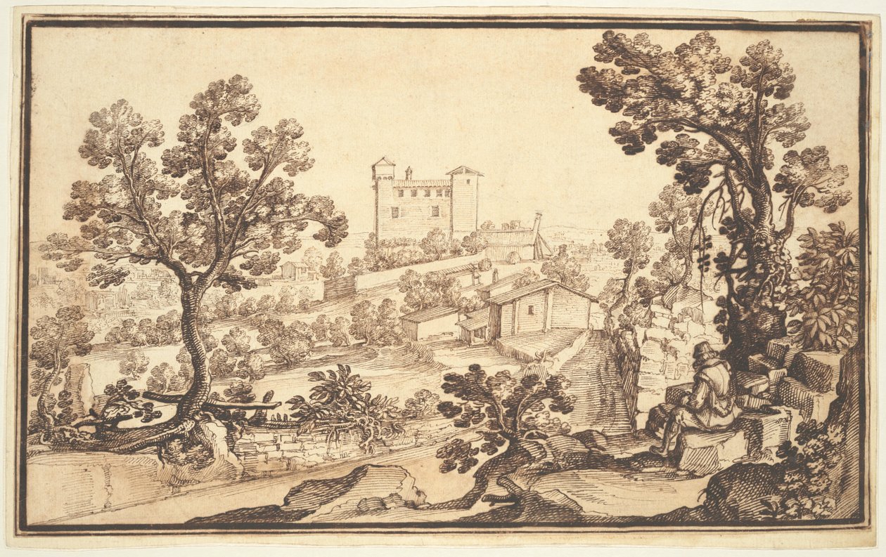 Landschap met een Rustende Man, Boerderijen en een Kasteel door Remigio Cantagallina