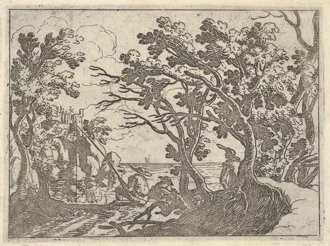Landschap met visser aan de kust en mannelijke toeschouwer onder bomen, een man in een boot door Remigio Cantagallina