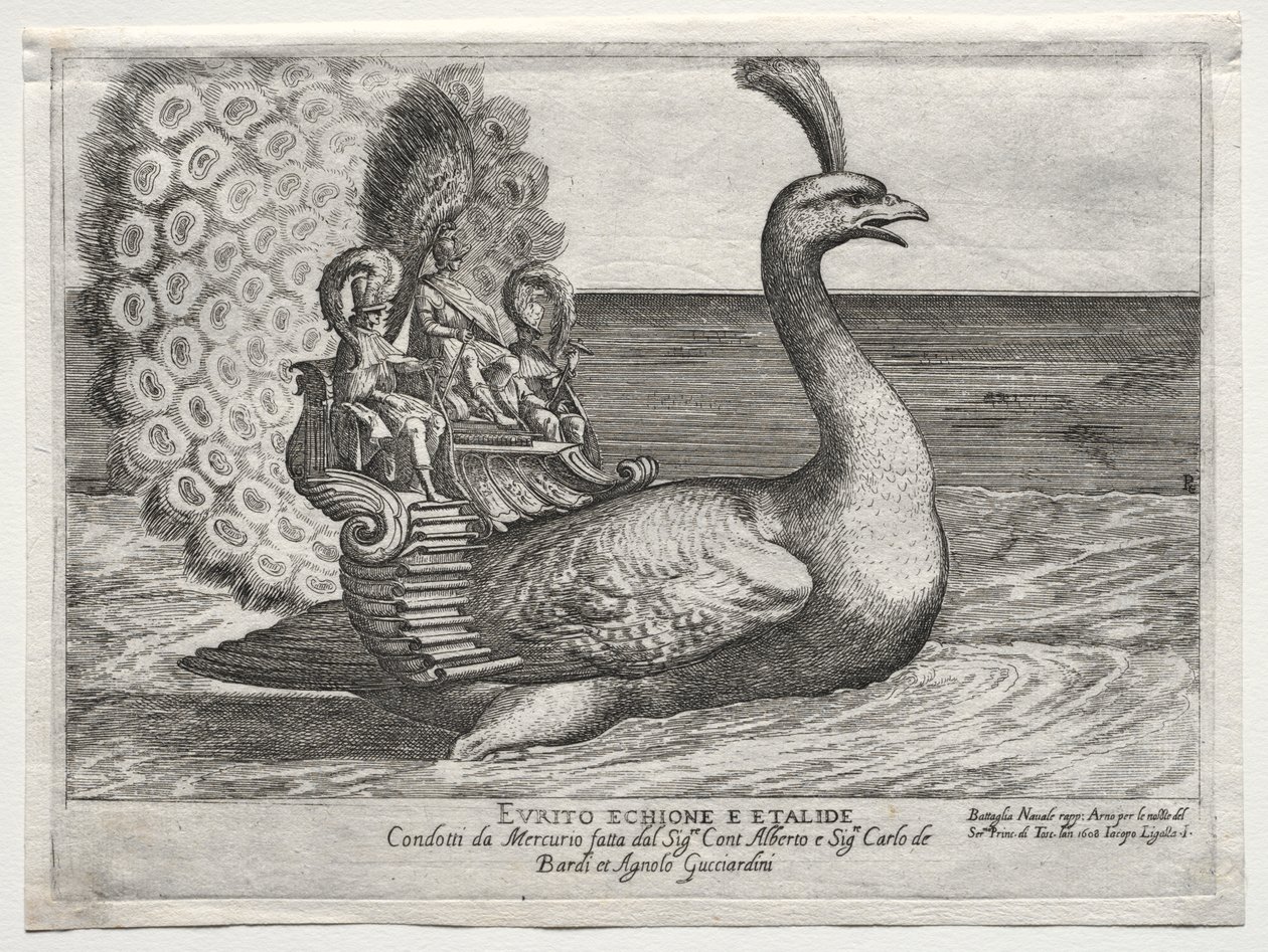 Zeeslag op de Arno Rivier in Florence, voor het Huwelijk van Cosimo di Medici Prins van Toscane, en Maria Maddalena van Oostenrijk, in 1608: Evrito Echione E Etalide door Remigio Cantagallina