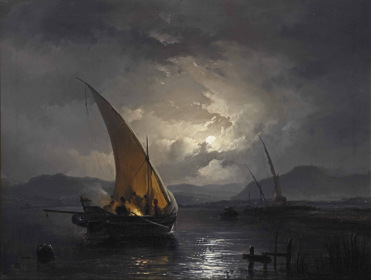 Een nachtlandschap met een zeilboot waar een vuur wordt aangestoken door Remigius Adrianus Haanen