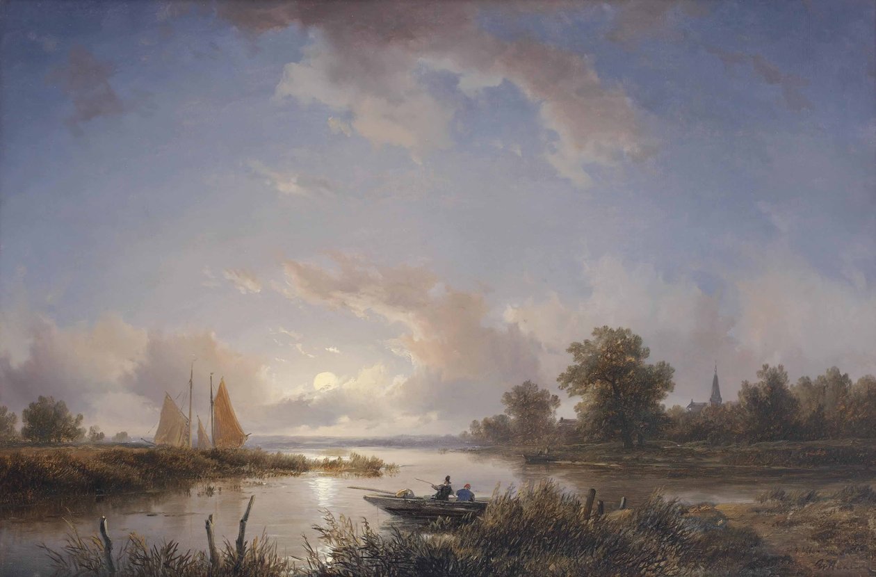 Hengelaars in een roeiboot in de schemering door Remigius Adrianus Haanen