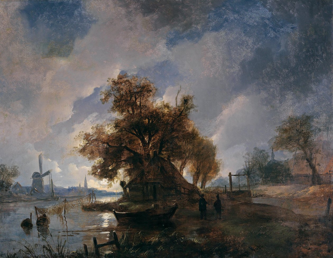 Duits: Nederlands rivierlandschap in het maanlicht Nederlands rivierlandschap in het maanlicht door Remigius Adrianus Haanen