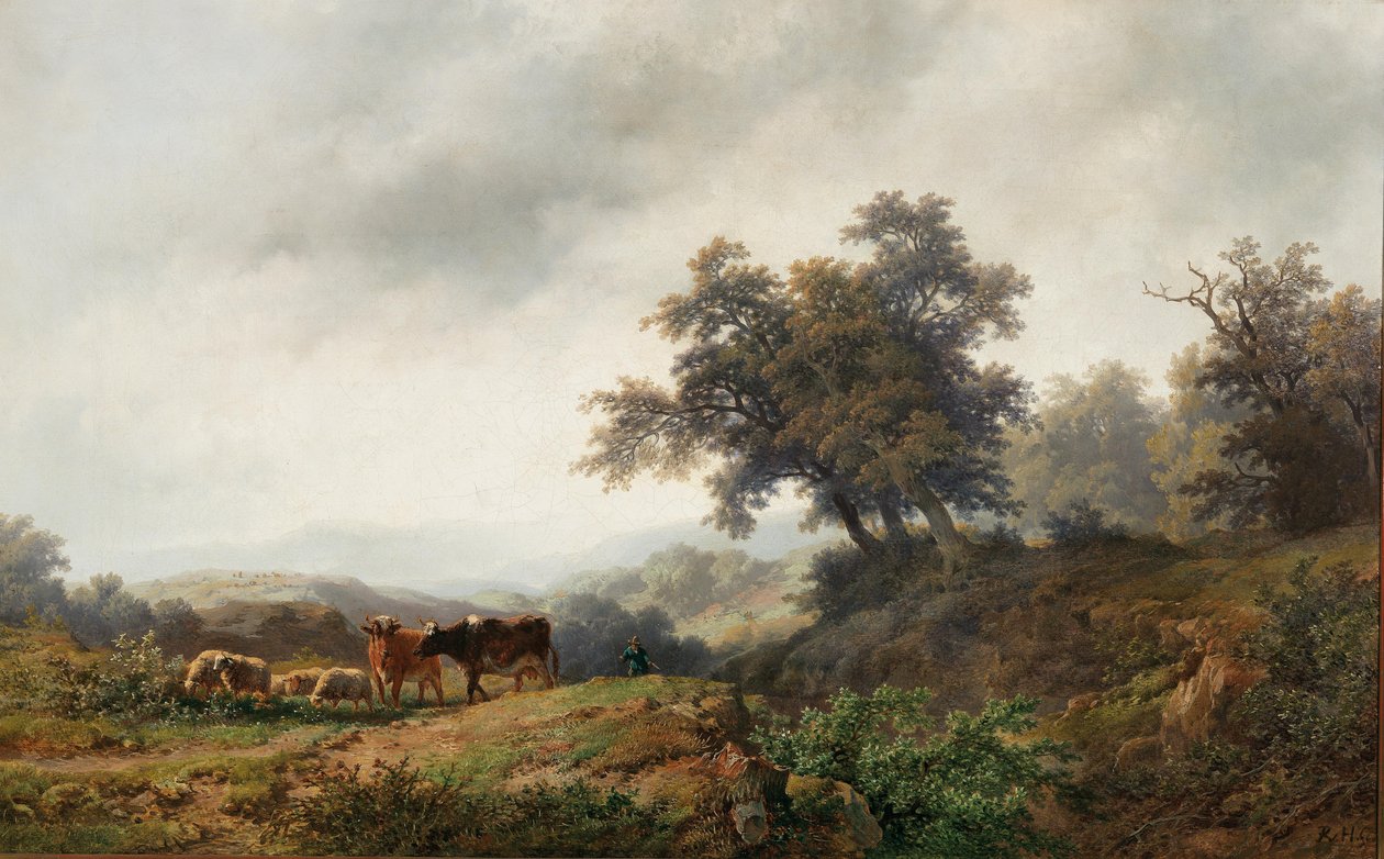 Open landschap met koeien en herder door Remigius Adrianus Haanen