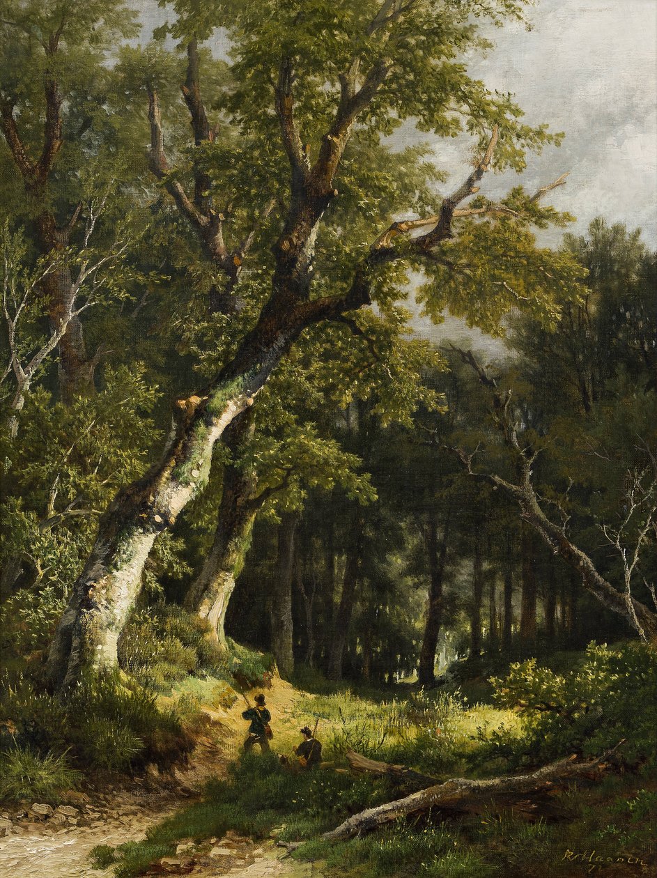 Boslandschap met twee jagers door Remigius Adrianus Haanen