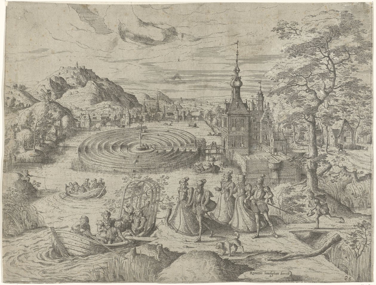 Landschap met gezelschap dat in een boot stapt door Remigius Hogenberg
