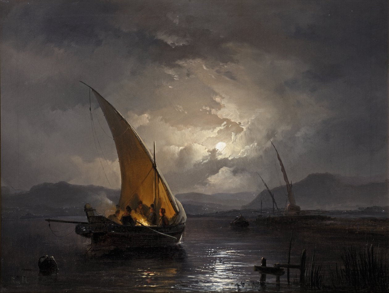 Een nachtlandschap met een zeilboot waar een vuur wordt aangestoken, na 1860 door Remigius van Haanen