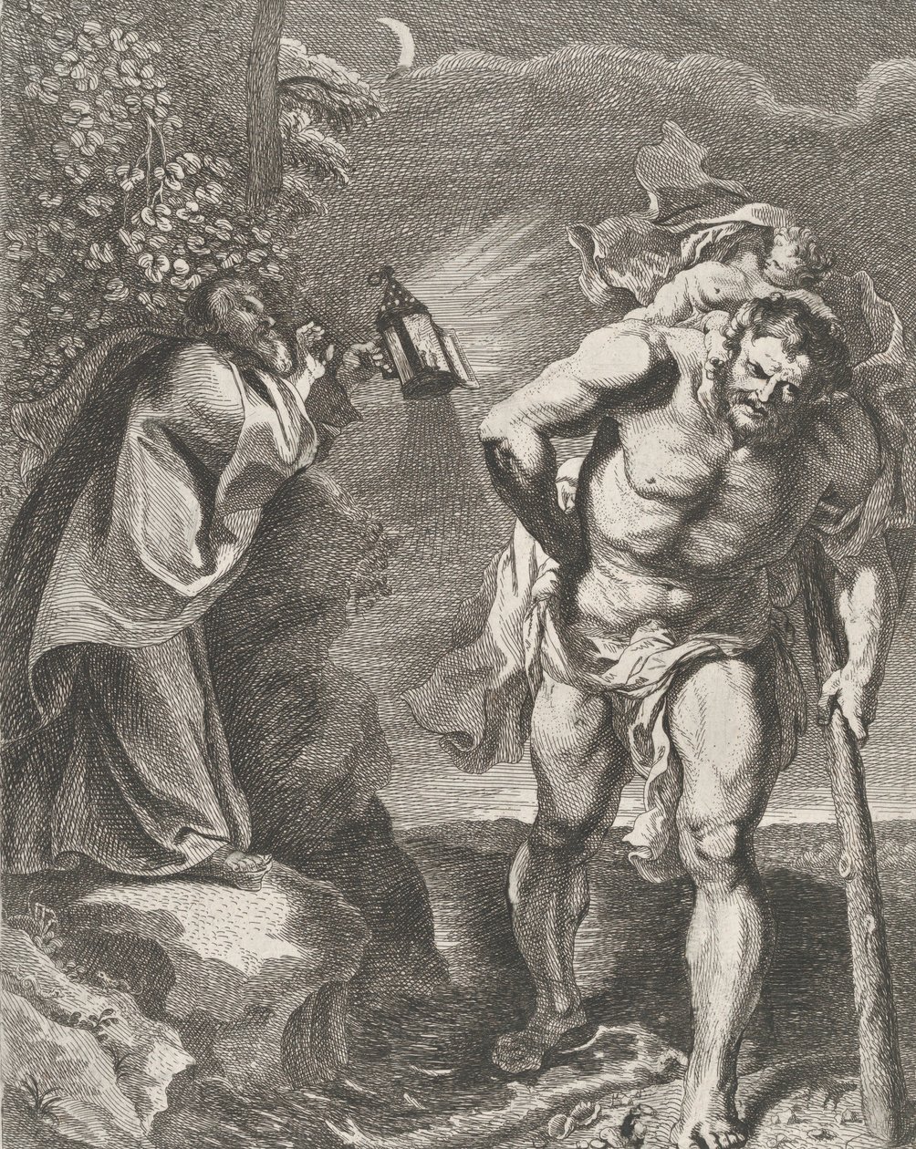 Sint Christoffel die het Christus Kind over een Stroom draagt, een andere man houdt een..., ca. 1636-80 door Remoldus Eynhoudts