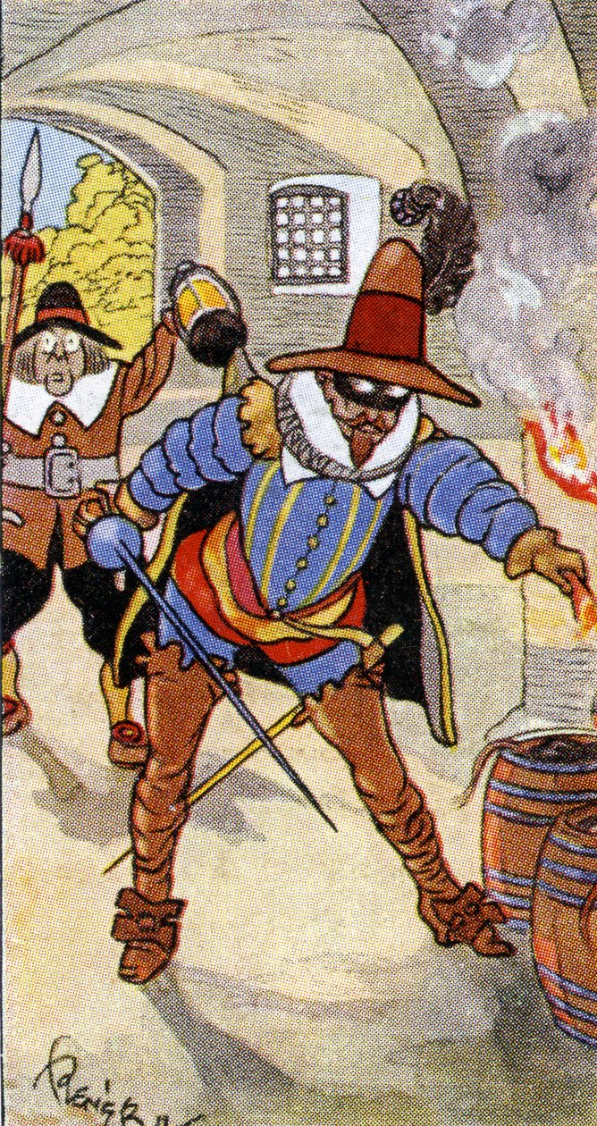 Ontdekking van het buskruitcomplot en gevangenneming van Guy Fawkes, 1936 door René Bull