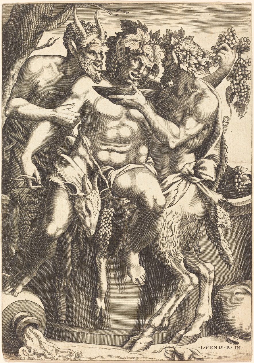 Twee Saters Geven Bacchus Te Drinken door René Boyvin after Luca Penni