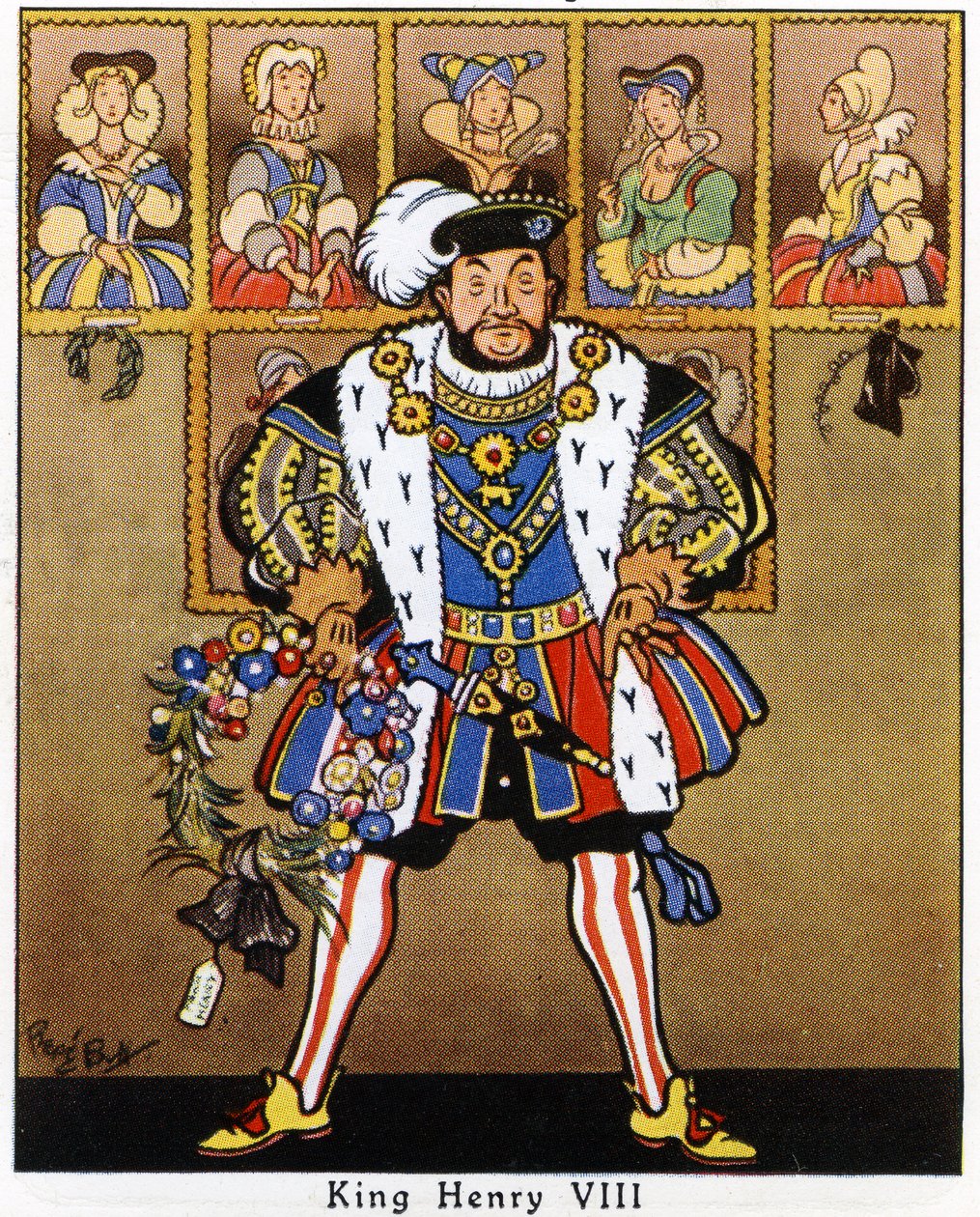 Koning Hendrik VIII versiert de portretten van zijn vrouwen met hulst, maretak en een krans voor Kerstmis, 1936 door René Bull