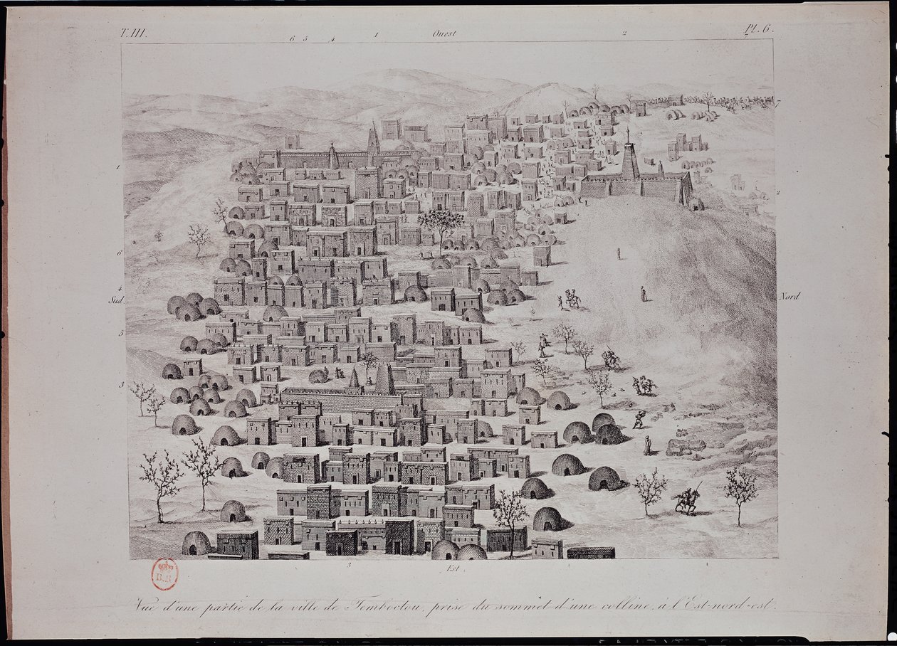 Uitzicht op een deel van de stad Timboektoe vanaf een heuvel, illustratie uit 