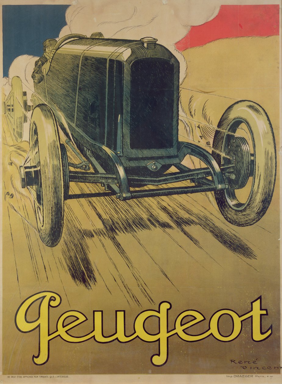 Poster die een Peugeot-raceauto adverteert, ca. 1918 door Rene Vincent
