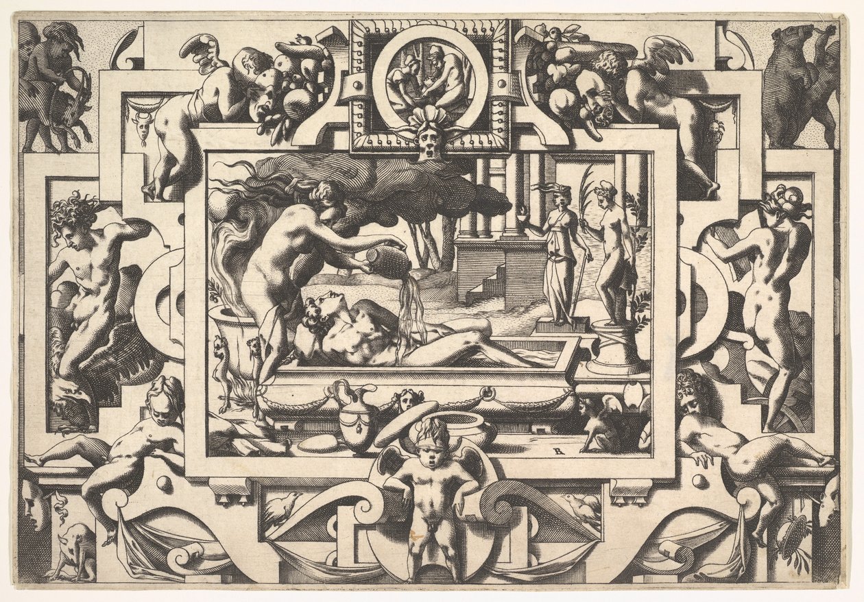 Medea giet een Magische Drank over Jason Le roi Aeson tant caduque et chenu en une cuve elle..., 1563 door Rene Boyvin