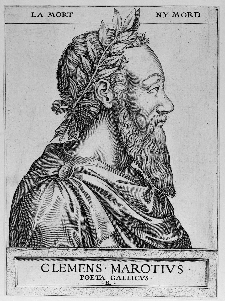 Portret van Clement des Marets genaamd Marot (1496-1544), Franse dichter - Clement Marotius poeta gallicus gravure door Rene Boyvin 1576 door Rene Boyvin