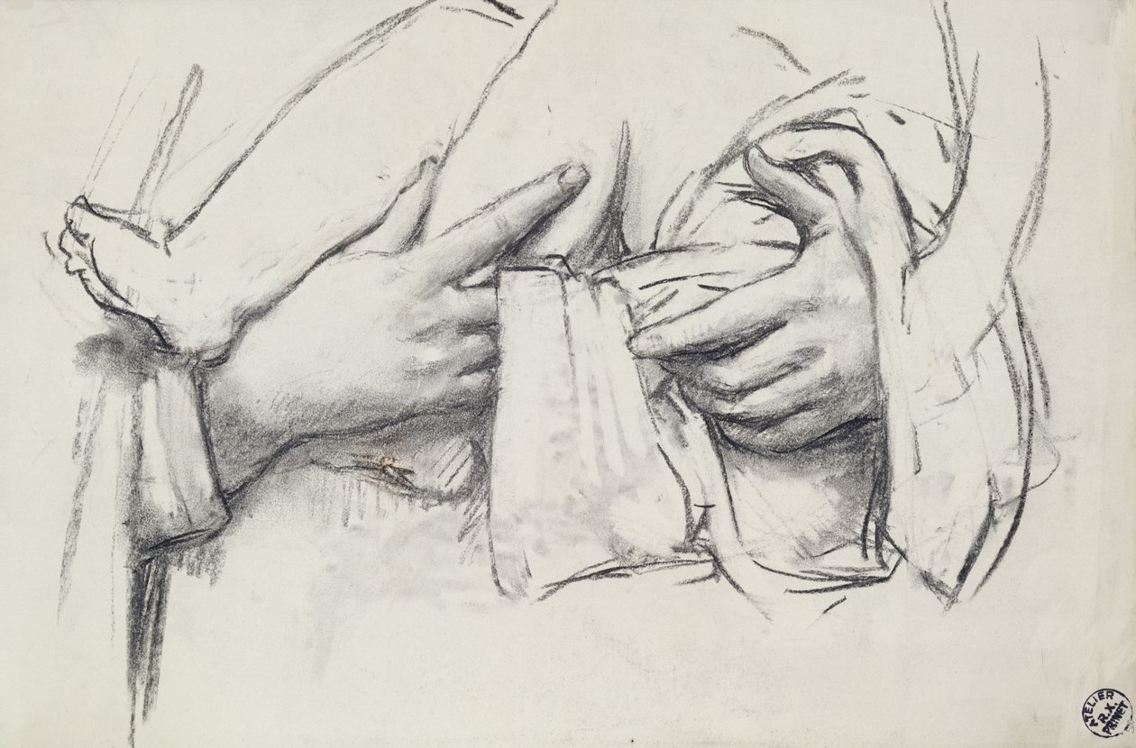 Studie van de hand voor Onze-Lieve-Vrouw van Morienval in Oise, Frankrijk (houtskool op papier) door René François Xavier Prinet
