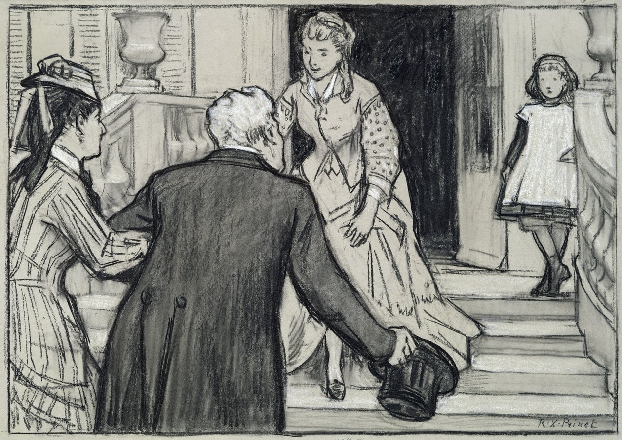Het bezoek, illustratie uit La Jeune Fille Bien Élevée door René Boylesve door René François Xavier Prinet