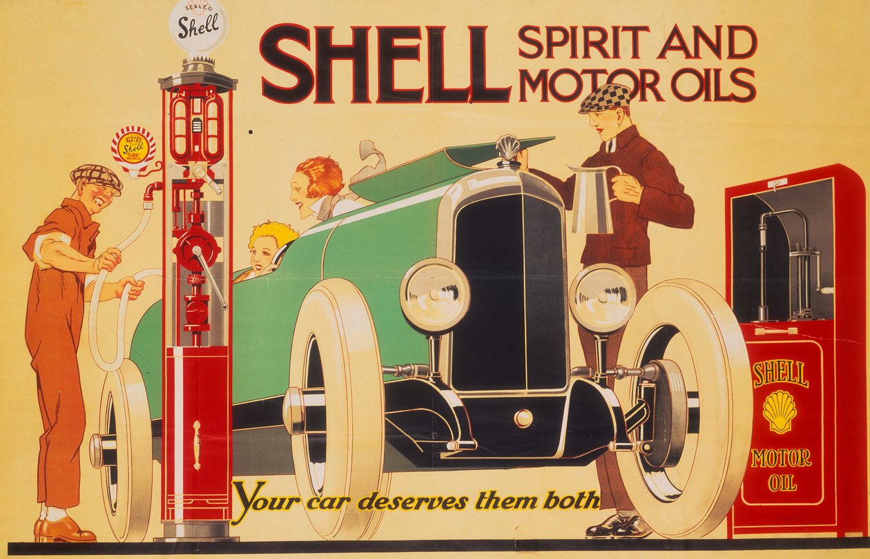 Poster die Shell spirit en motoroliën adverteert door Rene Vincent