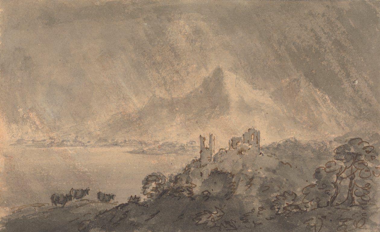 Kasteel boven een meer met verre berg onder stormachtige lucht door Rev. William Gilpin