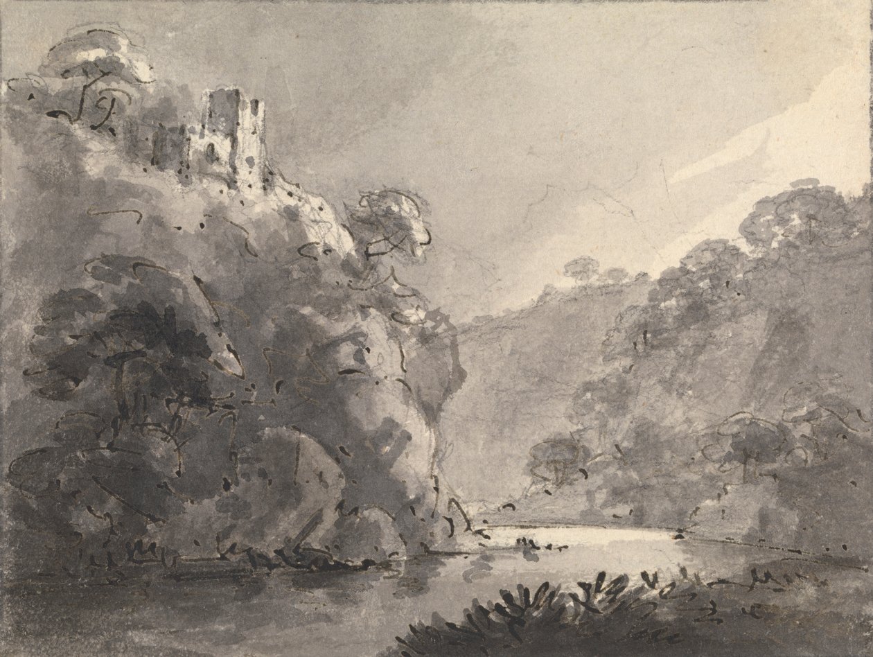 Landschap met kasteel op een heuvel links door Rev. William Gilpin