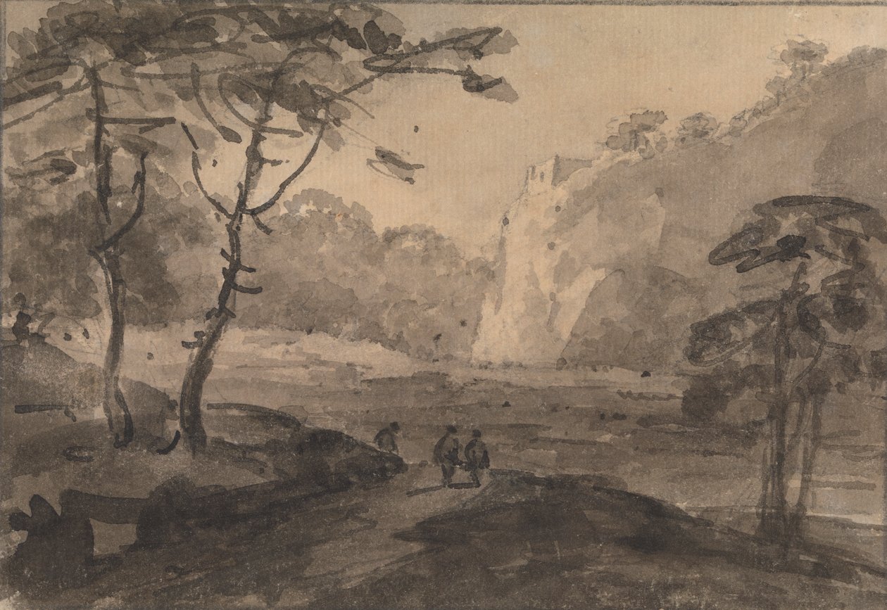 Landschap met drie figuren op een weg door Rev. William Gilpin