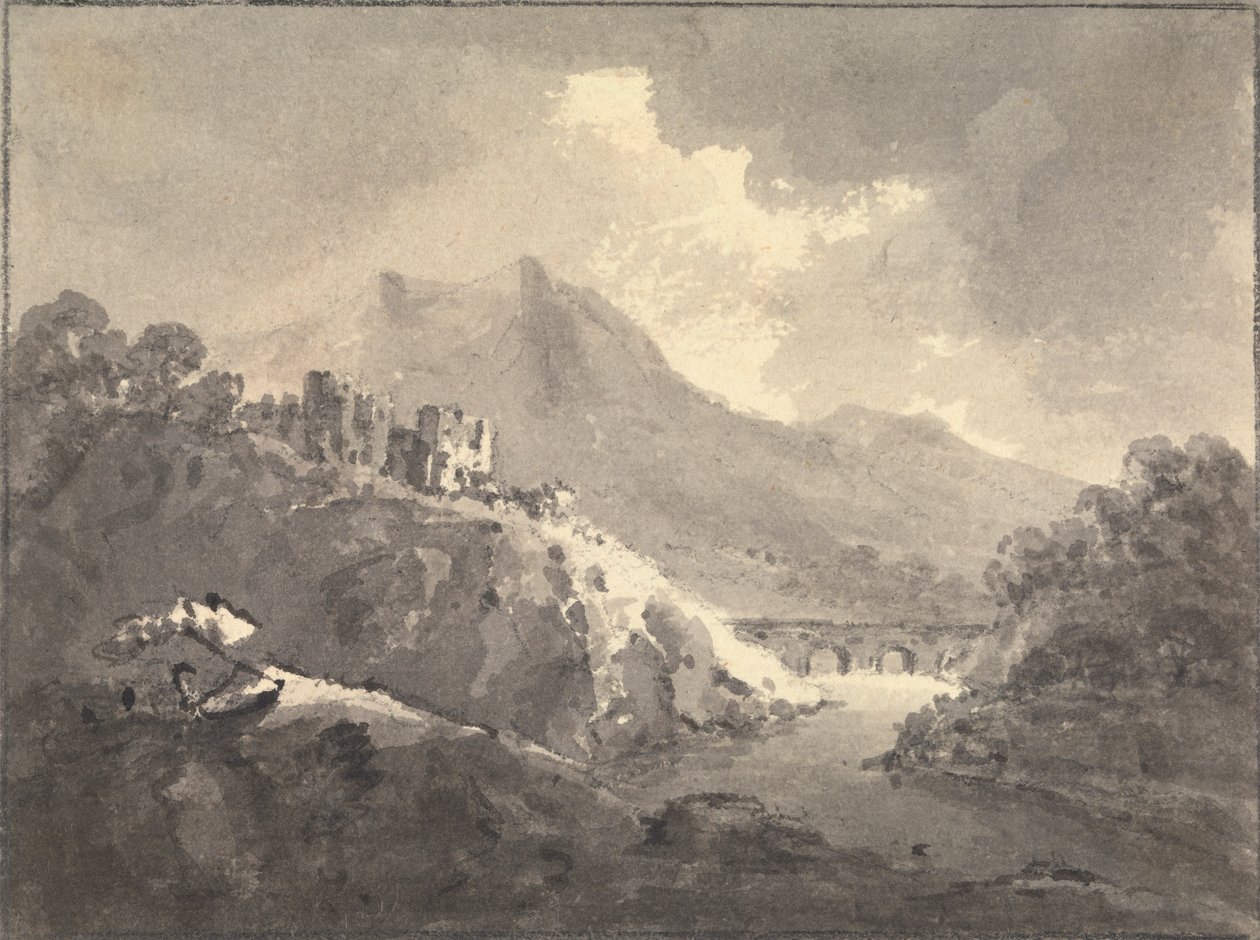 Landschap met een kasteel en een brug door Rev. William Gilpin