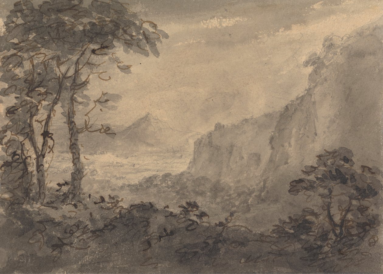 Bergachtig landschap met bomen - Hoge rotsen rechts door Rev. William Gilpin