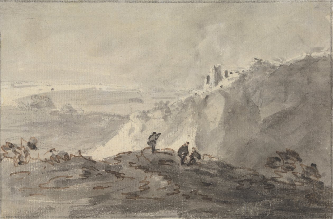 Drie figuren in een heuvelachtig landschap met ruïnes, verderop door Rev. William Gilpin