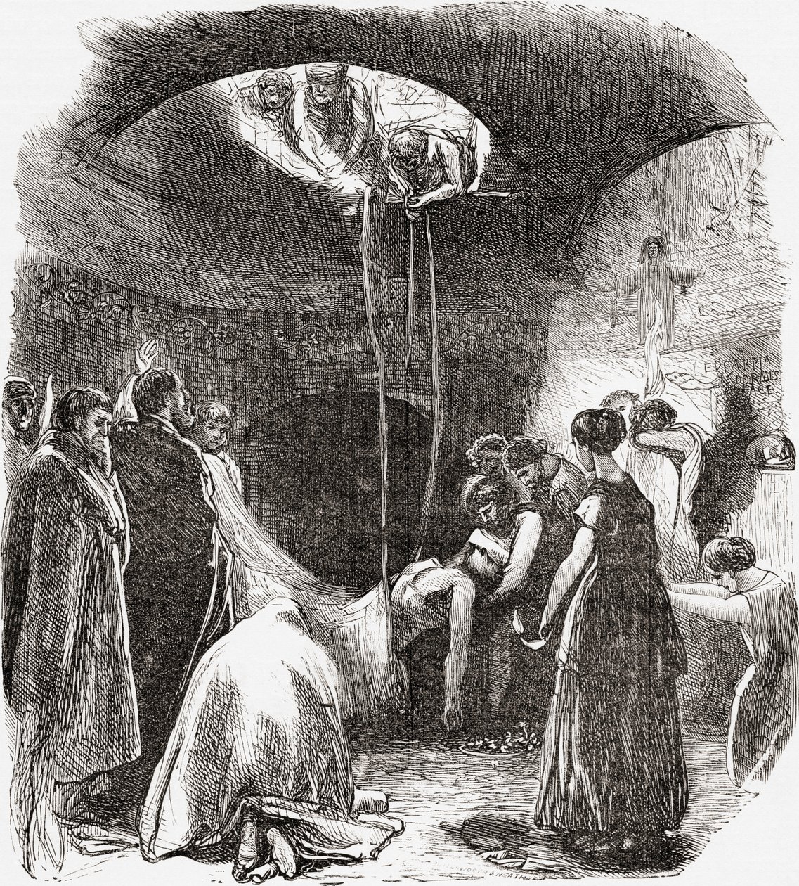 Een vroege christelijke begrafenis in de catacomben van Rome, Italië. Uit Italiaanse afbeeldingen door Rev. Samuel Manning, gepubliceerd ca. 1890. door Reverend Samuel Manning