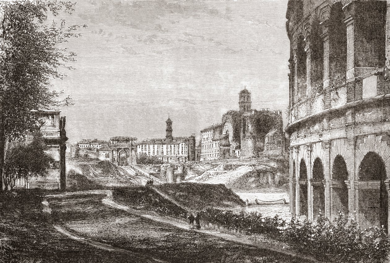 Toegang tot het Forum vanaf de Cellian Hill, Rome, Italië in de late 19e eeuw. Uit Italiaanse afbeeldingen door Rev. Samuel Manning, gepubliceerd c.1890. door Reverend Samuel Manning