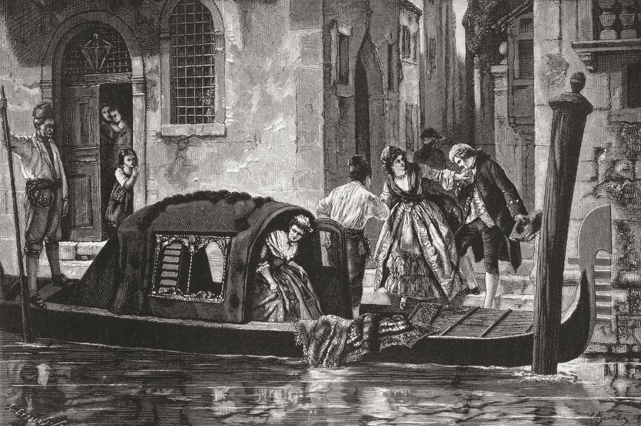 Passagiers stappen uit een gondel aan het Canal Grande, Venetië, Italië in de late 19e eeuw. Uit Italiaanse foto