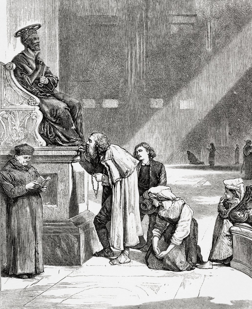 Mensen kussen de voeten van het standbeeld van Sint-Pieter in de Sint-Pietersbasiliek, Vaticaanstad, Rome in de late 19e eeuw. Uit Italiaanse afbeeldingen door Rev. Samuel Manning, gepubliceerd ca. 1890. door Reverend Samuel Manning